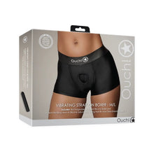 Ham strap-on tip boxeri OUCH! Vibrating Strap-On Boxer, compatibil cu majoritatea dildo-urilor, vibrator bullet inclus, negru, mărime M/L