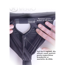 Ham strap-on tip boxeri OUCH! Vibrating Strap-On Boxer, compatibil cu majoritatea dildo-urilor, vibrator bullet inclus, negru, mărime M/L