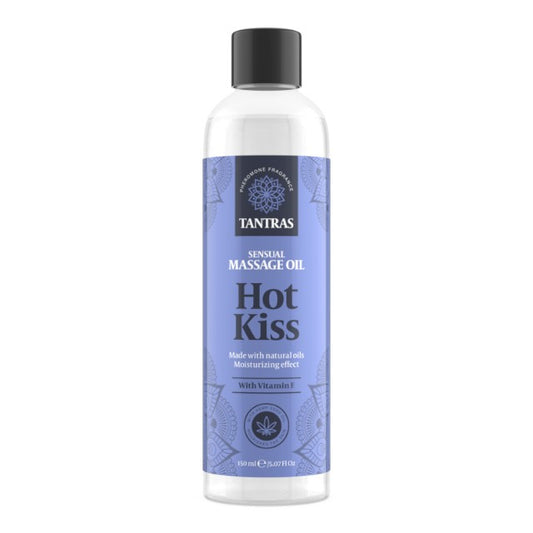 Ulei de masaj TANTRAS Hot Kiss, cu vitamina E și uleiuri naturale, aromă de lămâie, pin și trandafir, 150 ml (albastru)